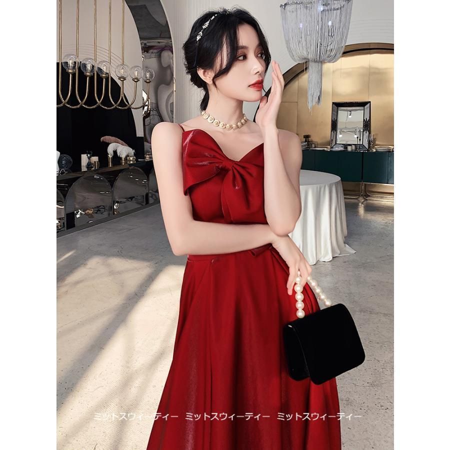 ドレス パーティードレス ロングドレス 赤 レッド キャミソール 二次会 演奏会 発表会 披露宴 イブニングドレス ノースリーブ リボン