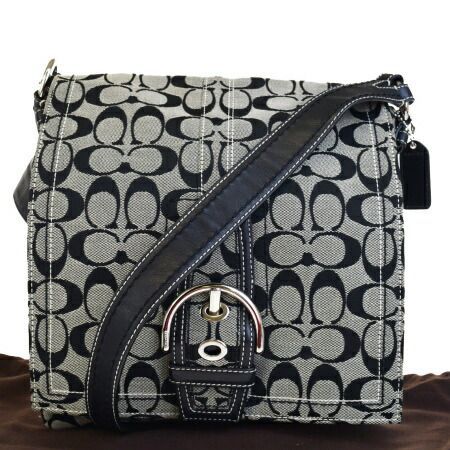 【中古】 中美品 コーチ COACH シグネチャー ショルダーバッグ ブラック キャンバス レザー 保存袋付き 10082 07HB624