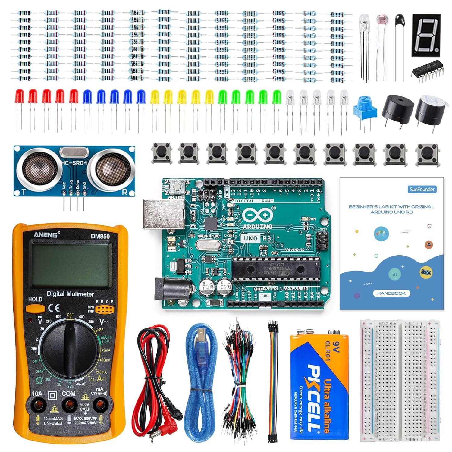 SunFounder ビギナーズ ラボ スターター キット - オリジナル Arduino Uno R3 REV3 ボード付き、マルチメーター、基本から応用までの25プロジェクト、HCSR-04 センサー、ボタン、温度センサー、LED、マ
