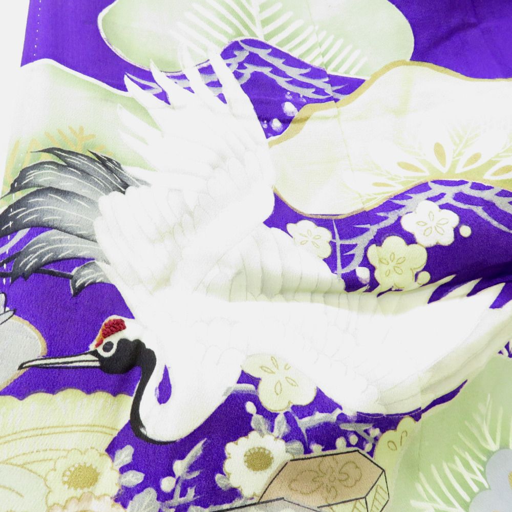 色留袖 両褄 昔 アンティーク 昔着物 紫 白 多色 貝桶 鶴 宝模様 花々