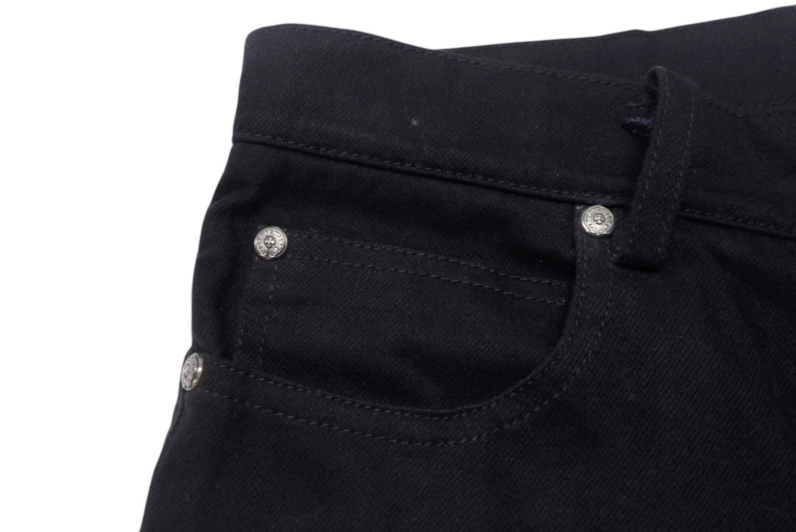 極美品 CHROME HEARTS クロムハーツ フレアニーステッチデニムパンツ 255536 コットン シルバー925 サイズ26 ブラック 中古 4b004067