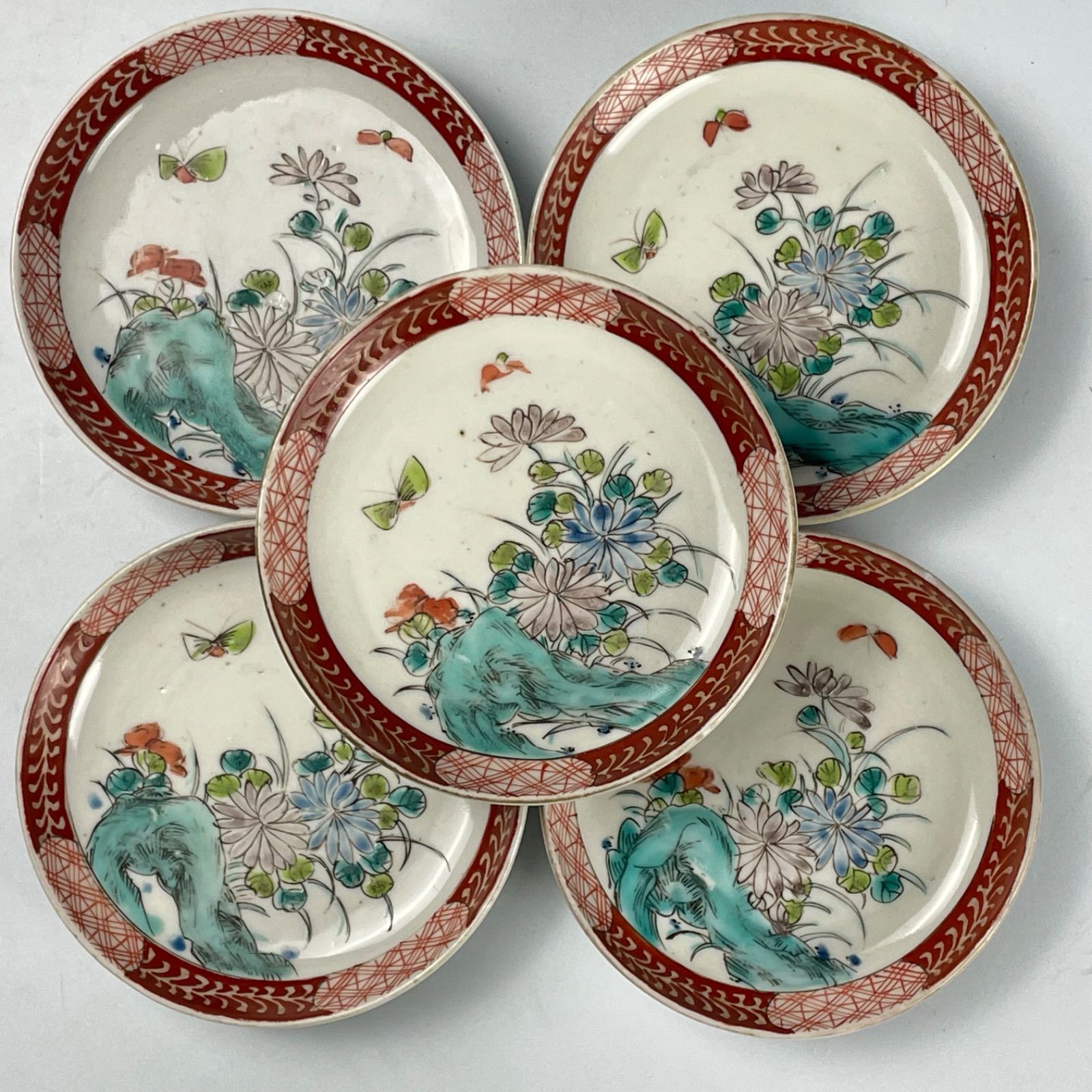 659 色絵 菊 蝶 古伊万里 伊万里焼 骨董 アンティーク 小皿 5枚セット