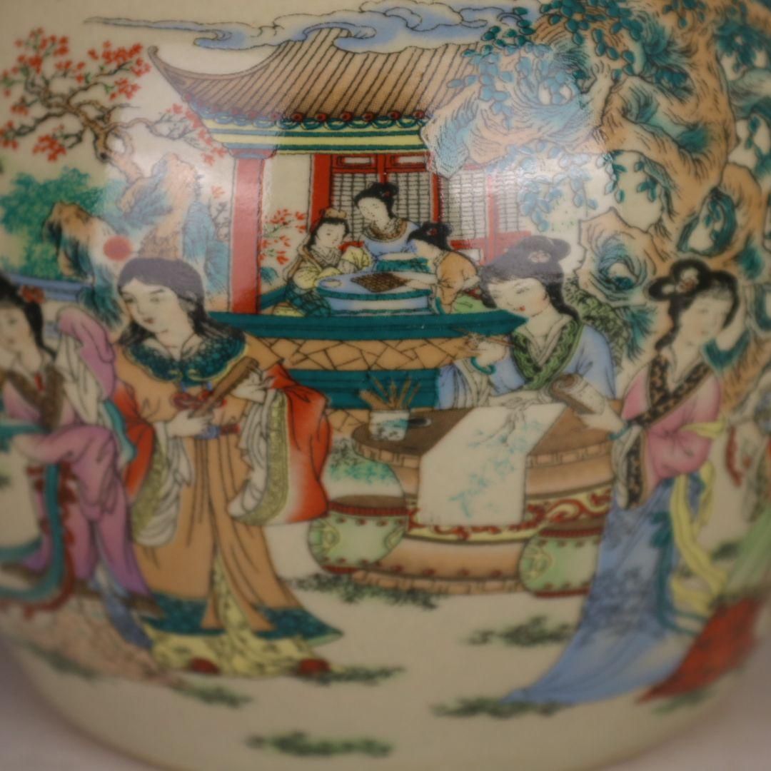 粉彩豆青釉十二金釵蓋缶 茶缶 茶道具 現代工芸品 美術品 置物