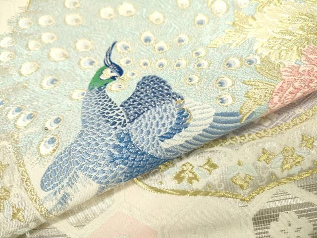 大華紋 孔雀 袋帯 七宝繋ぎ 唐花文様 金糸 正絹 六通 Q563 大華紋 孔雀 袋帯 七宝繋ぎ 唐花文様 金糸 正絹 六通 Q563 大華
