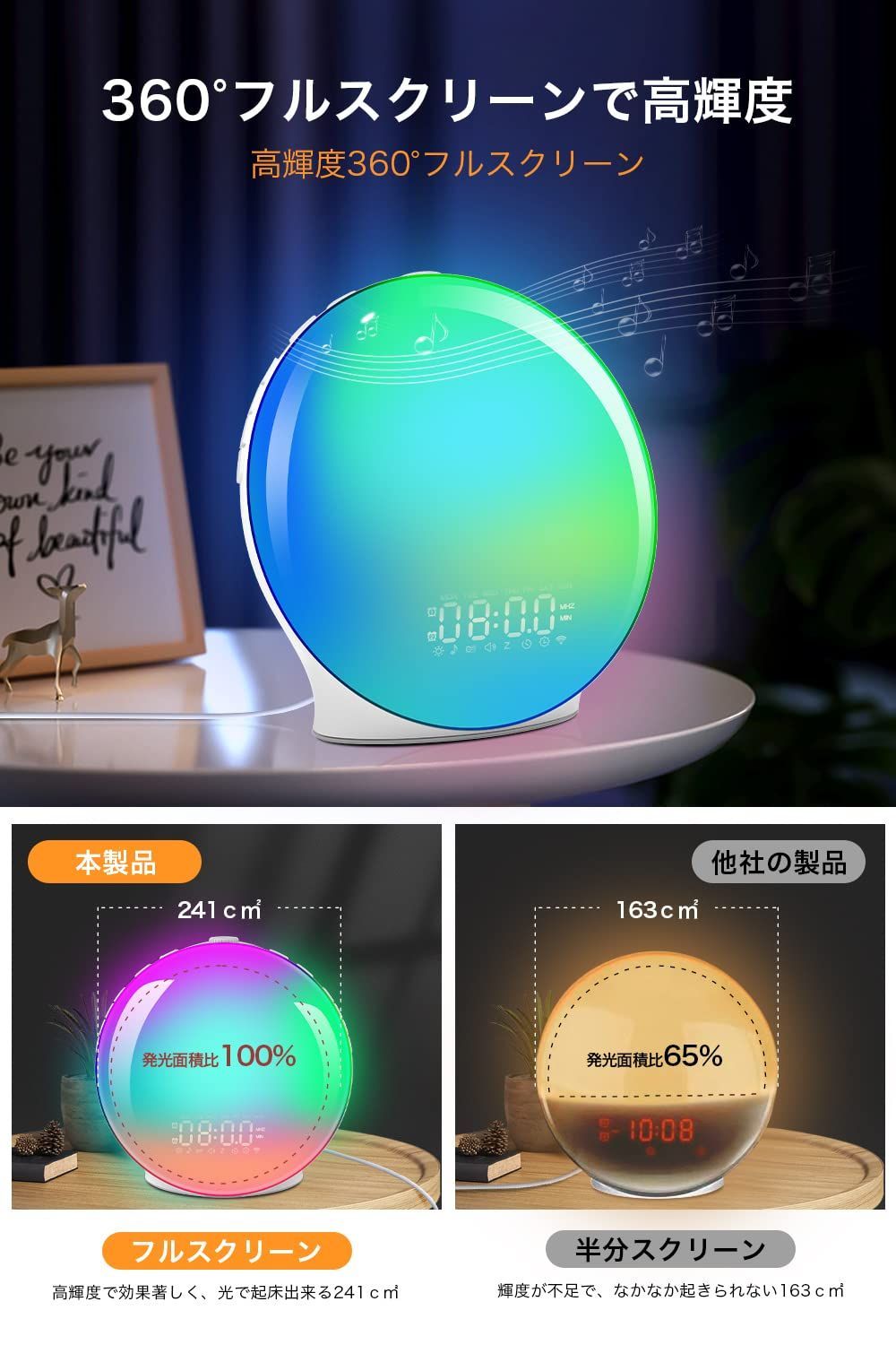 目覚まし時計 ライト アラーム 虹色 置時計 自然音 FMラジオ機能 間接