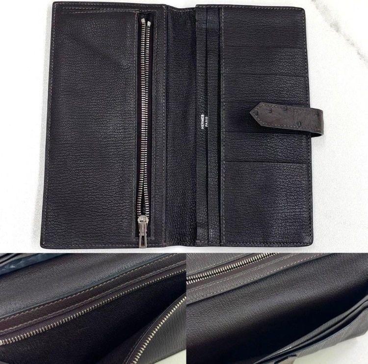 美品☆　エルメス　長財布　ベアンスフレ　オーストリッチ　濃茶　□J刻印 美品☆ エルメス 長財布 ベアンスフレ オーストリッチ 濃茶 □J刻印