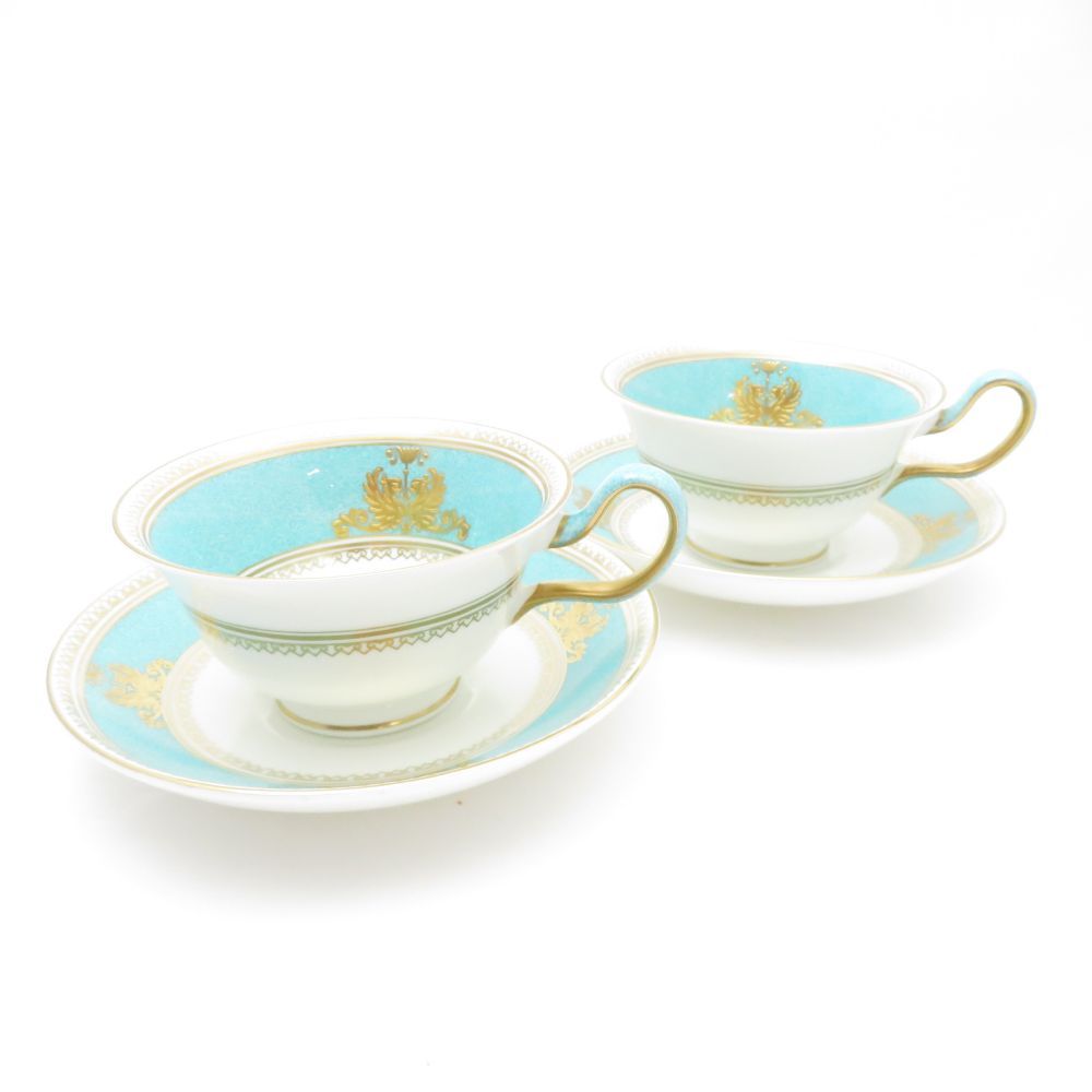 WEDGWOOD ウェッジウッド コロンビア パウダー ターコイズ ティーカップ＆ソーサー 2客 ペア ピオニー 金彩 黒壺 紅茶 英国 SU12372J1