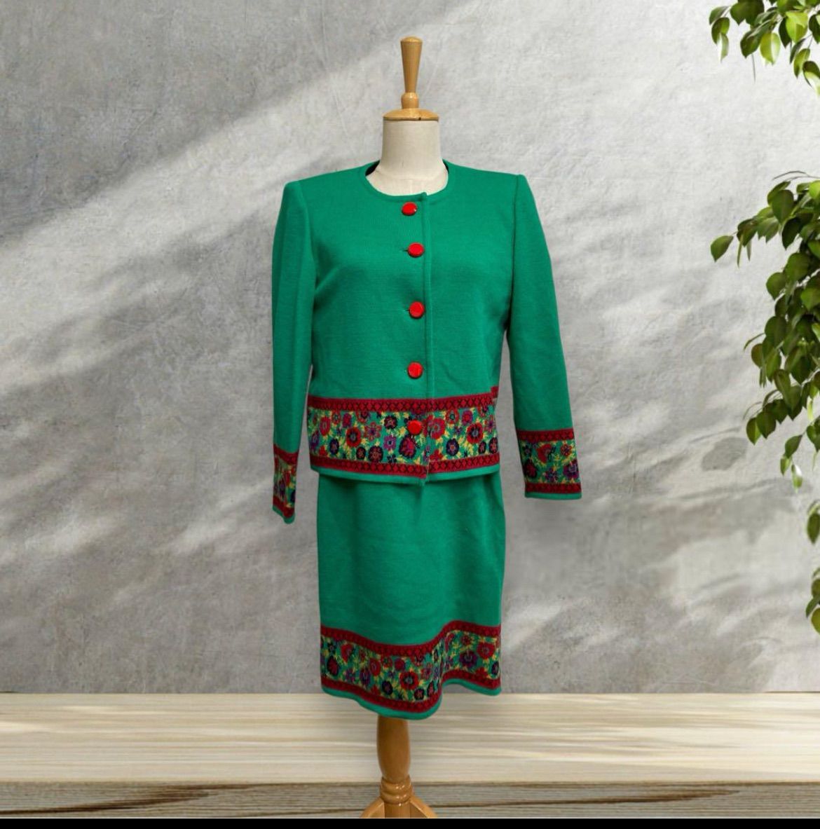 YvesSantLaurent イヴ サンローラン ニットワンピースセットアップM 緑 花柄 グリーン ヴィンテージ レトロ