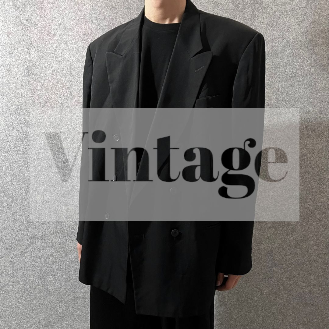 【Vintage】ウール混紡 ダブルブレスト テーラードジャケット 光沢 黒