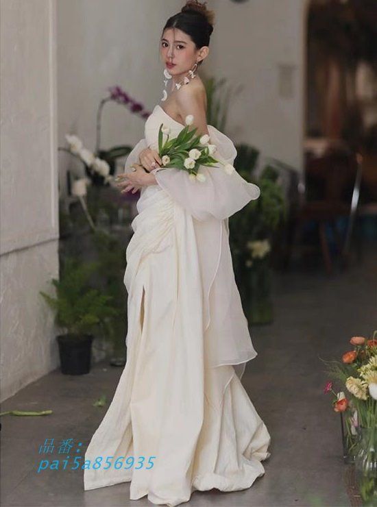 ウェディングドレス オフショルダー ウェディングドレス 大きいサイズ 3L 4L 袖ありシンプル 小さいサイズ ウェディングドレス 前撮り 二次会 上品 pai5a856935