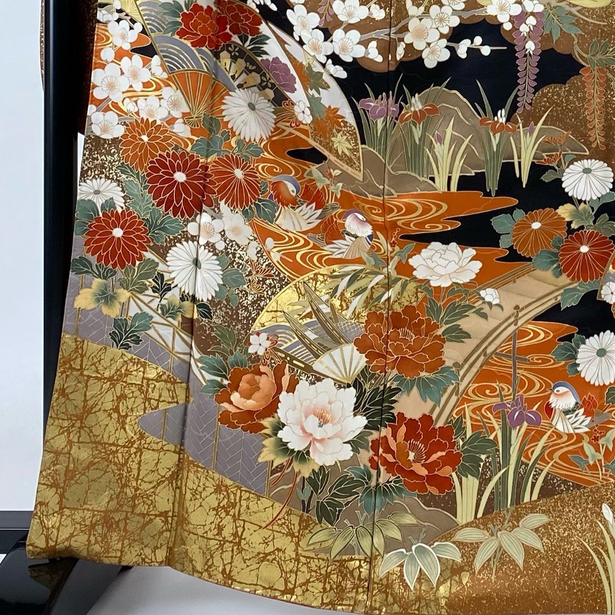 振袖 身丈165cm 裄丈67.5cm L 袷 落款 草花 扇 金彩 黒 正絹