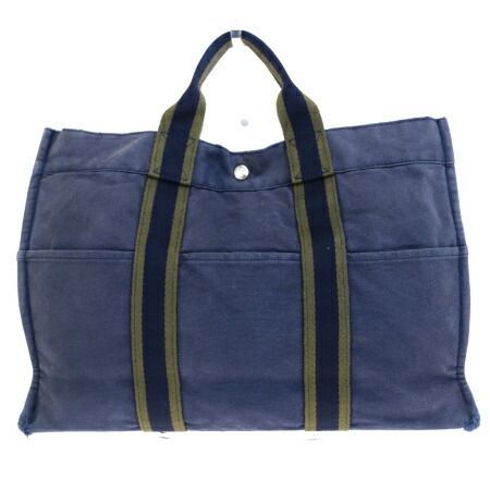 【中古】 エルメス HERMES フールトゥ MM トートバッグ ハンドバッグ ネイビー カーキ キャンバス 03JA140