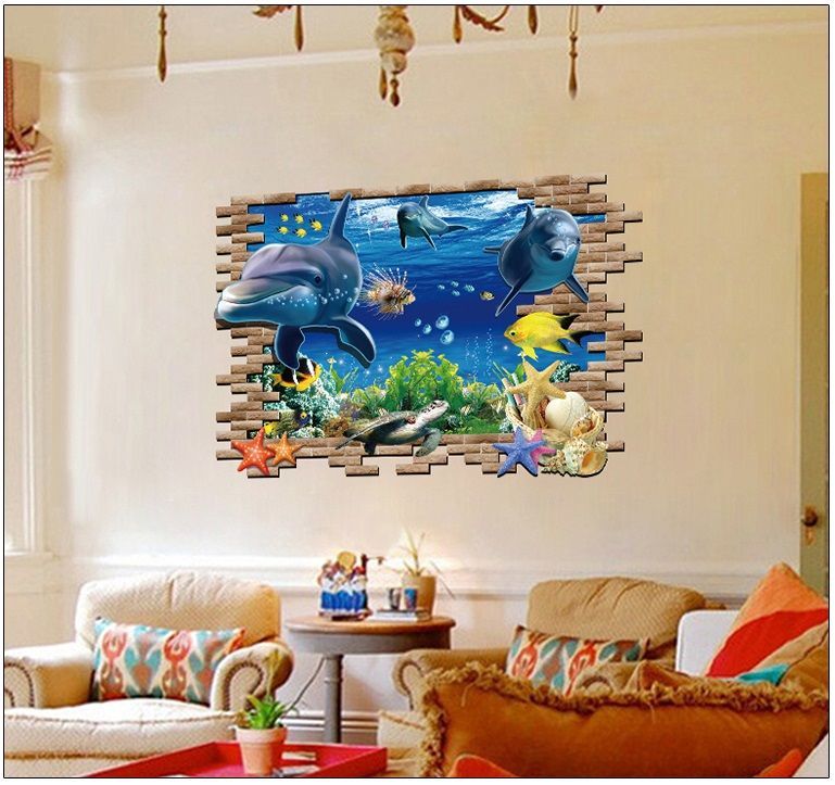 癒しの3D ウォールステッカー レンガ窓×イルカ 騙し絵 トリックアート