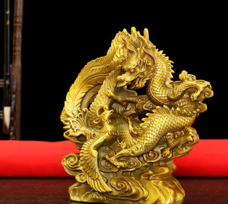 新入荷人気 風水真鍮民俗縁起の良い吉祥龍鳳凰像彫像彫刻 置物 財運 金運 開運 幸運 招福 商売繁盛 事業運 厄除け 富貴吉祥
