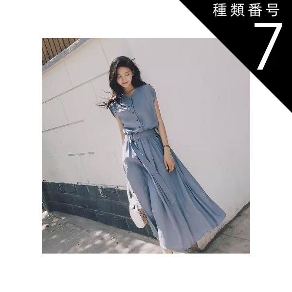 種類7：ブルー/XL ワンピース シャツワンピース ワンピドレス 膝下 ロング ロング丈 フレンチスリーブ 襟なし フレア Aライン ウエストベルト ハイウエスト 前開き ポリエステル かわいい 大人可愛い シンプル カジュアル 大人 おしゃれ お洒落 レトロ