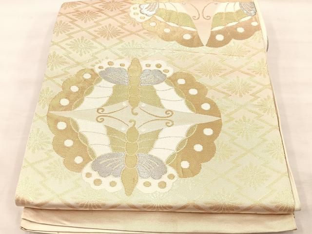 平和屋着物◎六通柄袋帯 向かい蝶松皮菱花文 金銀糸 正絹 逸品