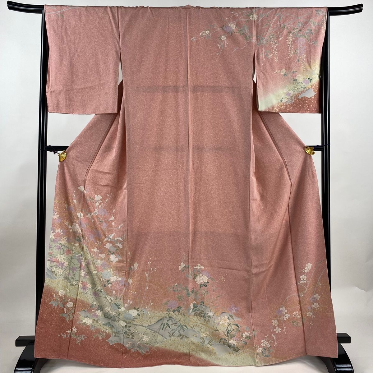 訪問着 身丈167.5cm 裄丈66.5cm M 袷 花鳥 流水 金彩 ぼかし ピンク 正絹 秀品