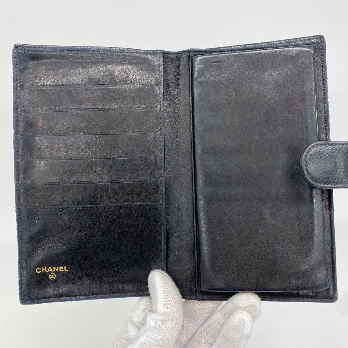 5hb0910-h】シャネル 長財布 キャビアスキン ブラック ゴールド金具  