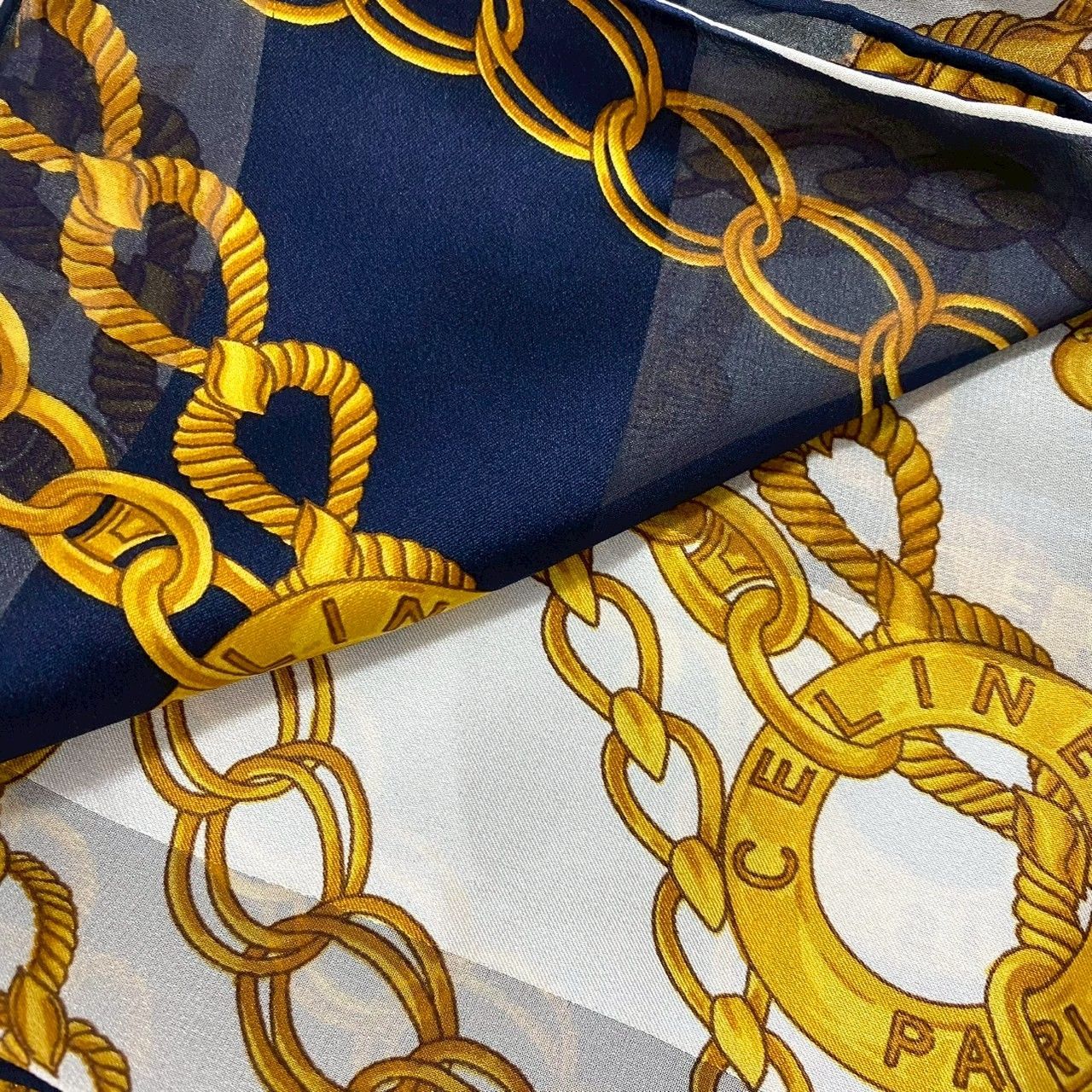 CELINE 大判ストール ネイビー/ゴールド｜CELINE シルク100% スカーフ