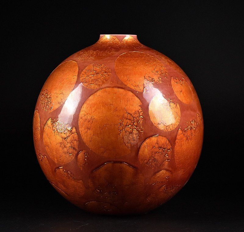 蔵A4738 小野 珀子 釉裏金彩 花瓶 花入 共箱