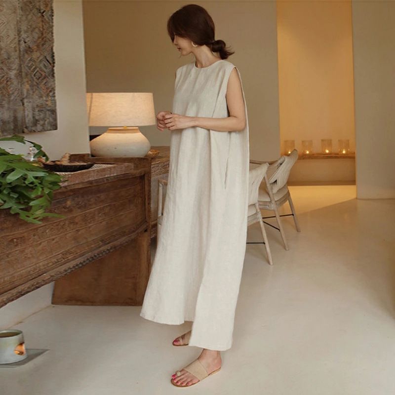 オレンジ ベルギーリネン　ワンピース　 マキシ丈　パフスリーブ 大きいサイズ＞レーヨン麻パフスリーブマキシワンピース シック