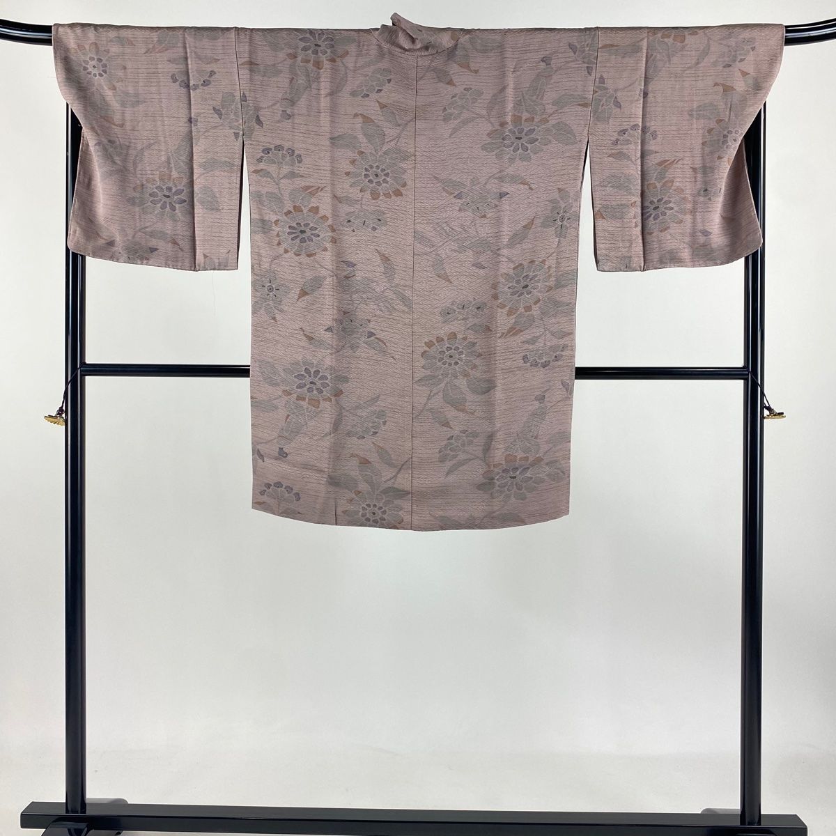 道中着 身丈94cm 裄丈70cm L 和装コート 鳥 草花 灰紫 正絹 秀品