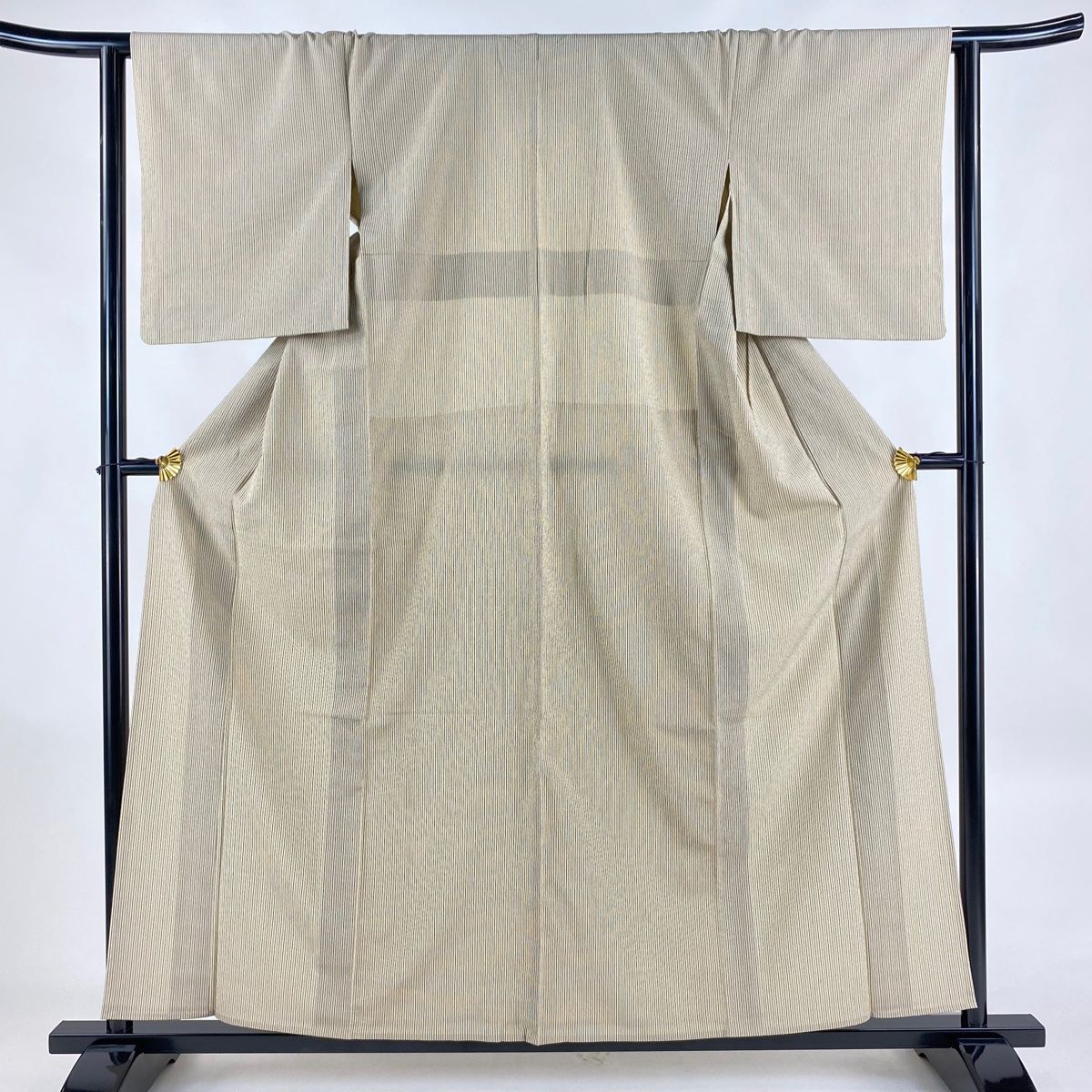 紬 身丈158cm 裄丈64cm M 単衣 縞 薄茶色 正絹 美品 名品 【中古  