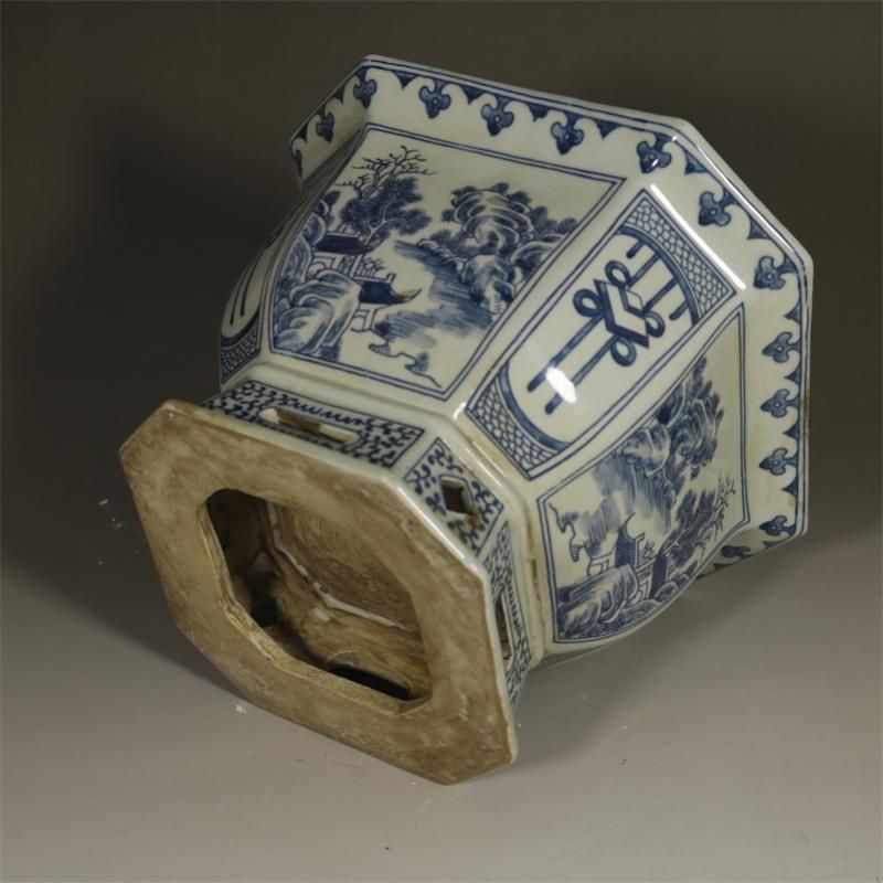 青花寿の山水紋高足四方鉢 陶磁器 工芸品 美術品 置物 青花