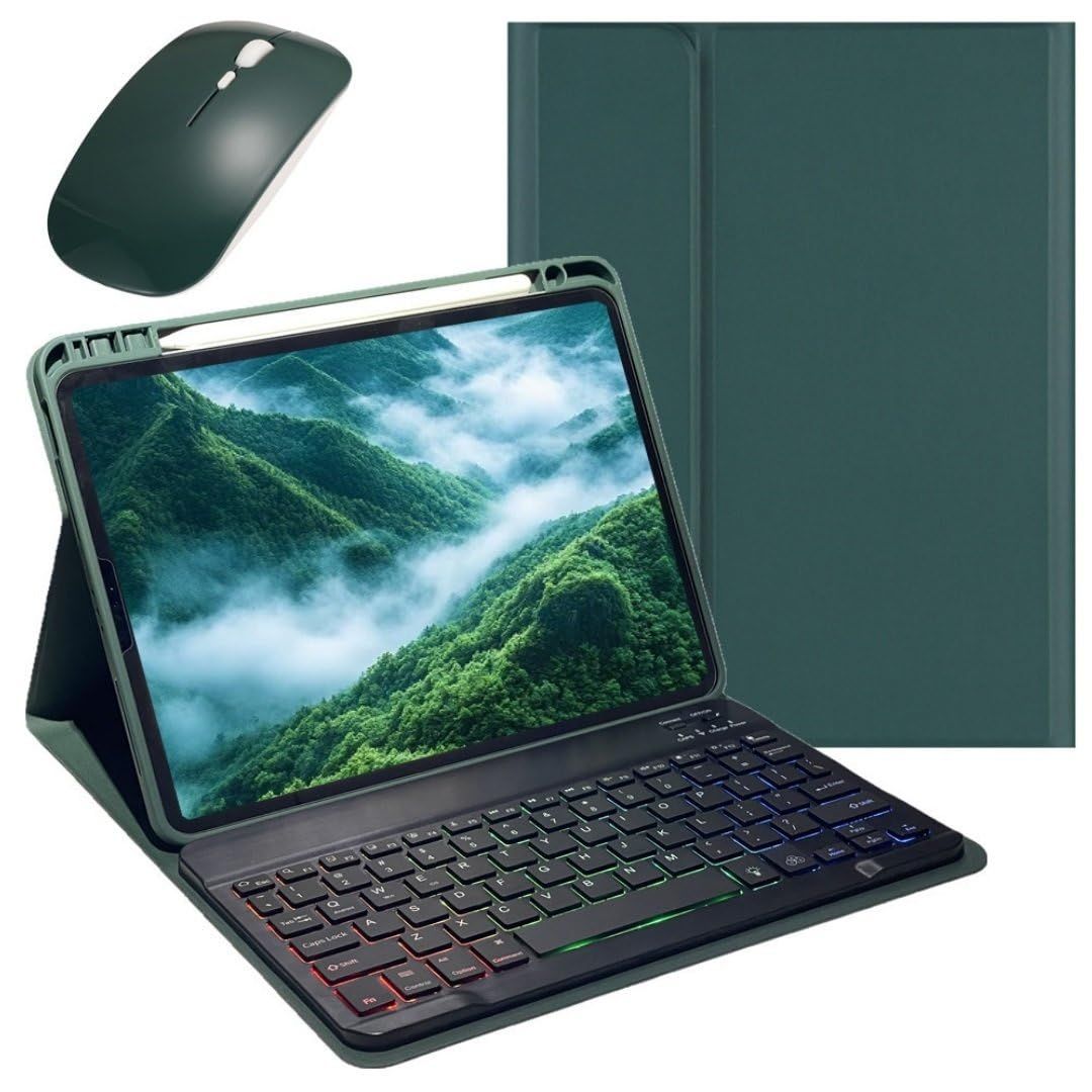 新品 マウス付き 2024 iPad Pro 11インチ M4 バックライトキーボード ケース カラフル アイパッド iPadPro11 M4 キーボードケース 7色バックライト 分離式 キーボード カバー Apple Pencil 収納深緑+黒