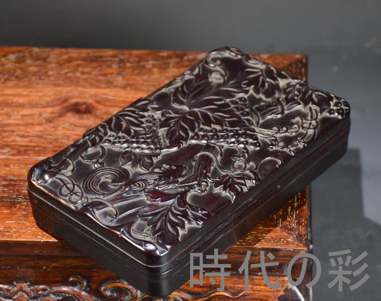 中国古美術 旧家蔵出 血檀木 彫刻 文房用具盒 手作り 細密彫 木製工芸品 文房置物 唐物 古玩 古民具 古置物 東洋彫刻 清時代 R07100637