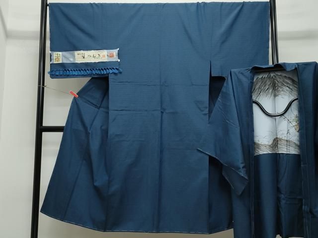 平和屋着物○男性 生つむぎ アンサンブル 濃紺色 証紙付き 正絹 逸品
