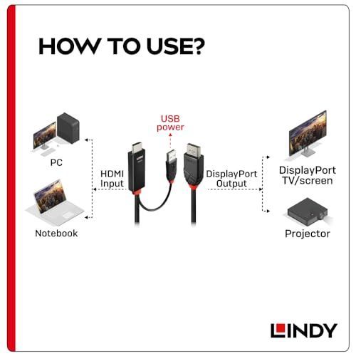 LINDY 2m HDMI 2.0 to DisplayPort 1.2 アクティブ変換ケーブル、USB