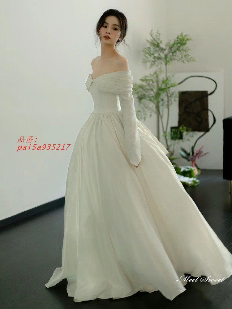 ウェディングドレス ロングドレス Aラインドレス プリンセスドレス オフショルダー 長袖 花嫁 前撮り 結婚式 サテン 二次会 ブライダル ウエディングドレス pai5a935217