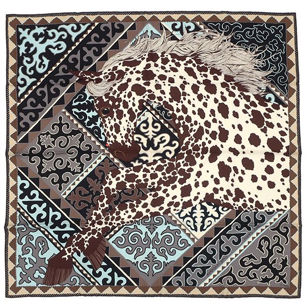 エルメス HERMES スカーフ カレ90 CARRE シルク ホワイト×マロン×シエル APPALOOSA DES STEPPES|ステップのアパルーサ 箱