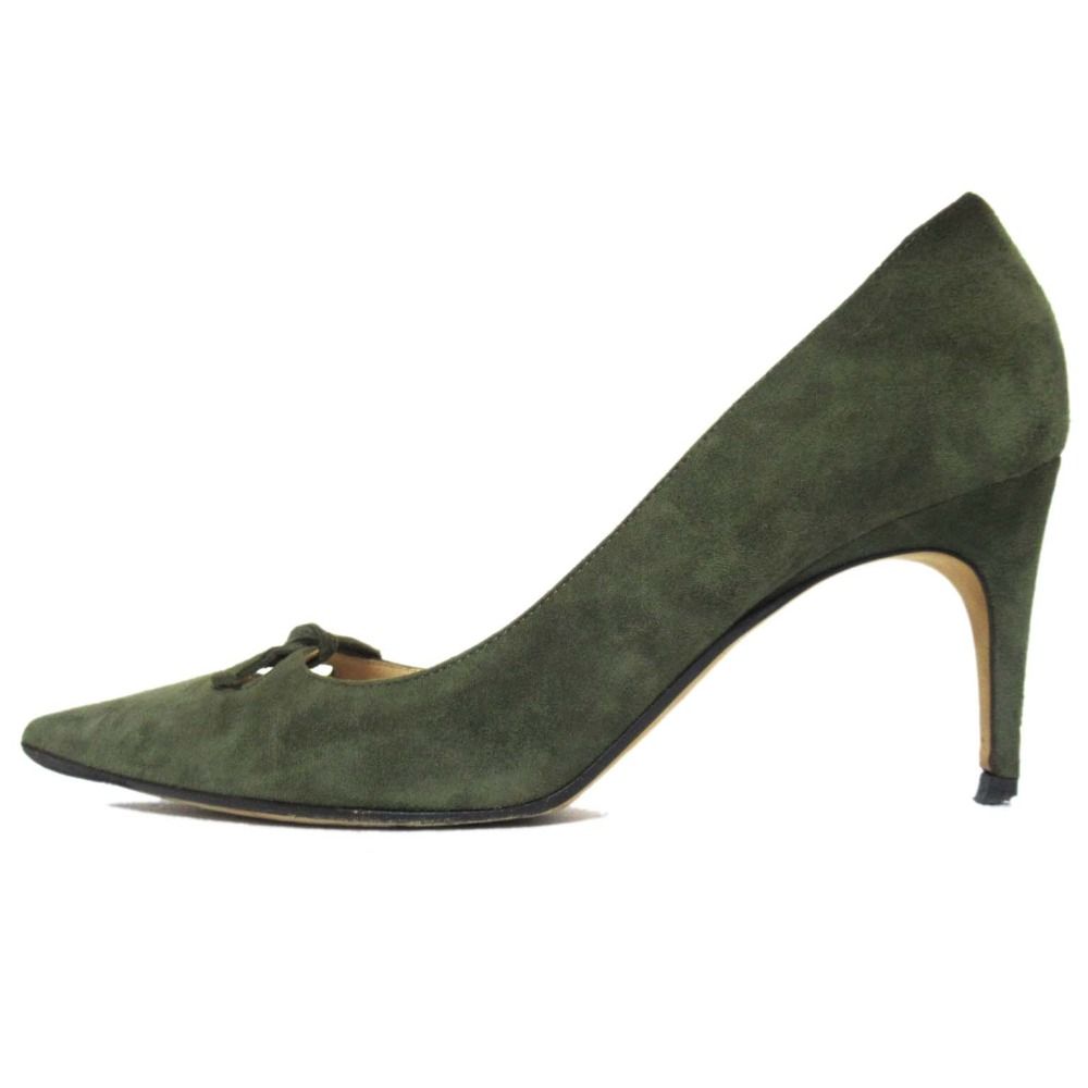 Sergio Rossi セルジオロッシ スエード ポインテッドトゥ ハイヒール リボン パンプス サイズ38.5 約25.5cm カーキ レディース 古着