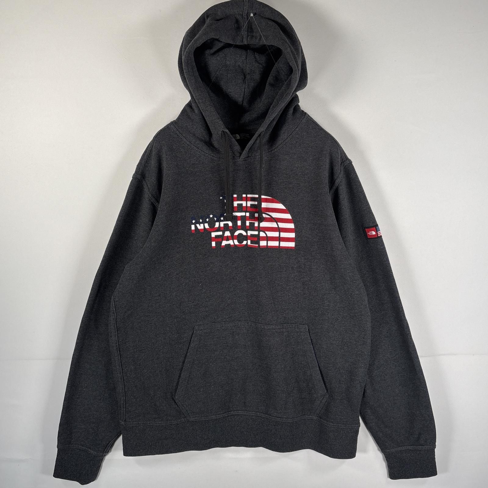 古着 ザ・ノースフェイス THE NORTH FACE パーカー ラバープリント マフポケット ブランドロゴ USA国旗 フーディー L  グレー メンズ