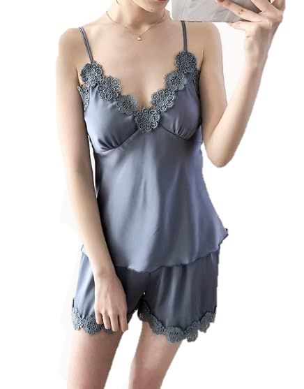 [ALL DAY Shining] キャミソール パンツ セットアップ ルームウェア ナイトウエア インナーウェア ランジェリー セクシー ショートパンツ カップ付き レディース (M, グレー) [グレー] [M]