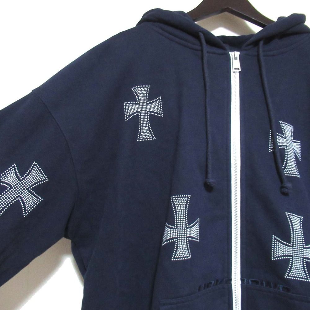 UNKNOWN XL ラインストーン 十字架 パーカー ブラック×ブルー