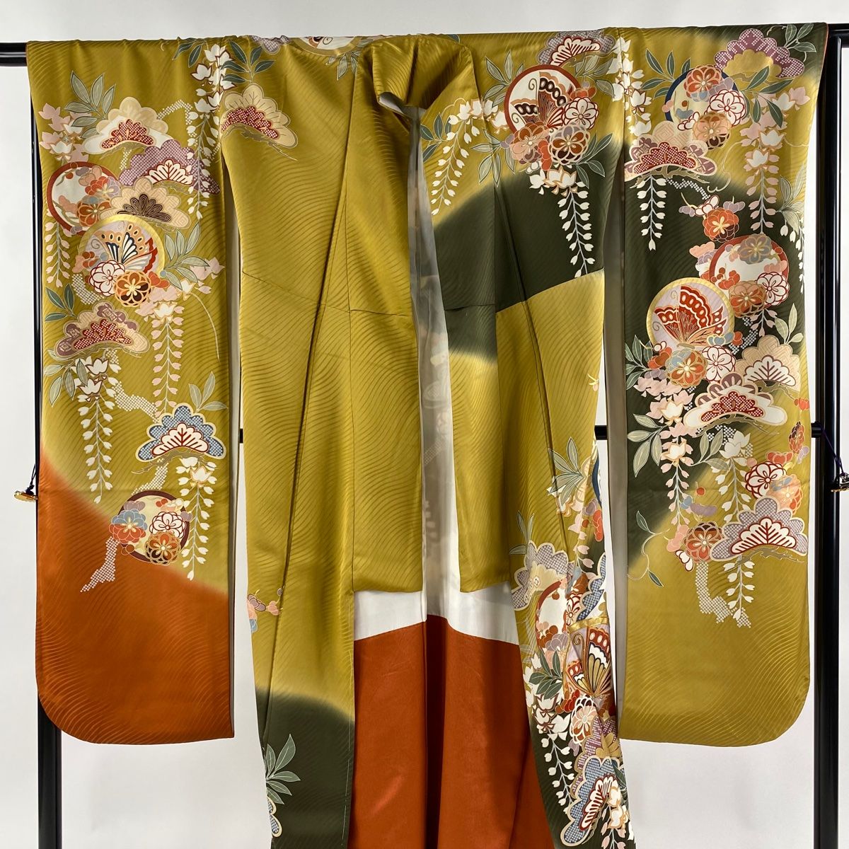 振袖 身丈161cm 裄丈66.5cm M 袷 袋帯フルセット 蝶 松梅 金糸 金彩 茶  