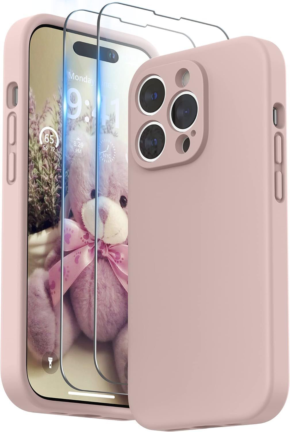 SURPHY iPhone14 pro用ケース シリコン，フィルム付き 6.1インチ対応(2022) iPhone14 プロ用シリコンケース（レンズの全面保護） 耐衝撃 超軽量 指紋防止 全面保護 iPhone14 pro用ソフトカバー (ピンク)