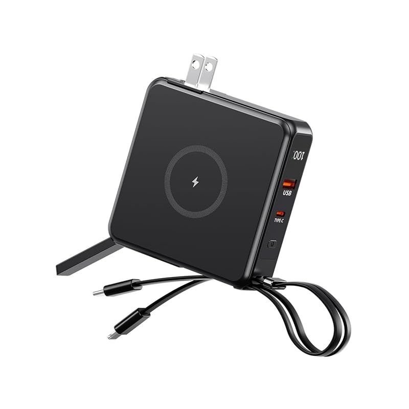 【人気商品】モバイルバッテリー 大容量 ケーブル内蔵 急速充電 10000mAh プラグ付き ワイヤレス充電 PDu0026QI対応 Type-C出入力ポート Phoneu0026Android スマホ充電器 5台同時充電 コンセント一体型 持ち運び便利 携帯バッテリー 