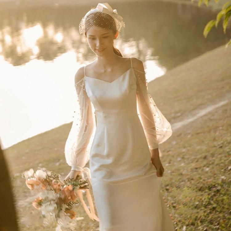 白 パフスリーブ パール オシャレ 長袖 ロングドレス 結婚式ドレス 無地