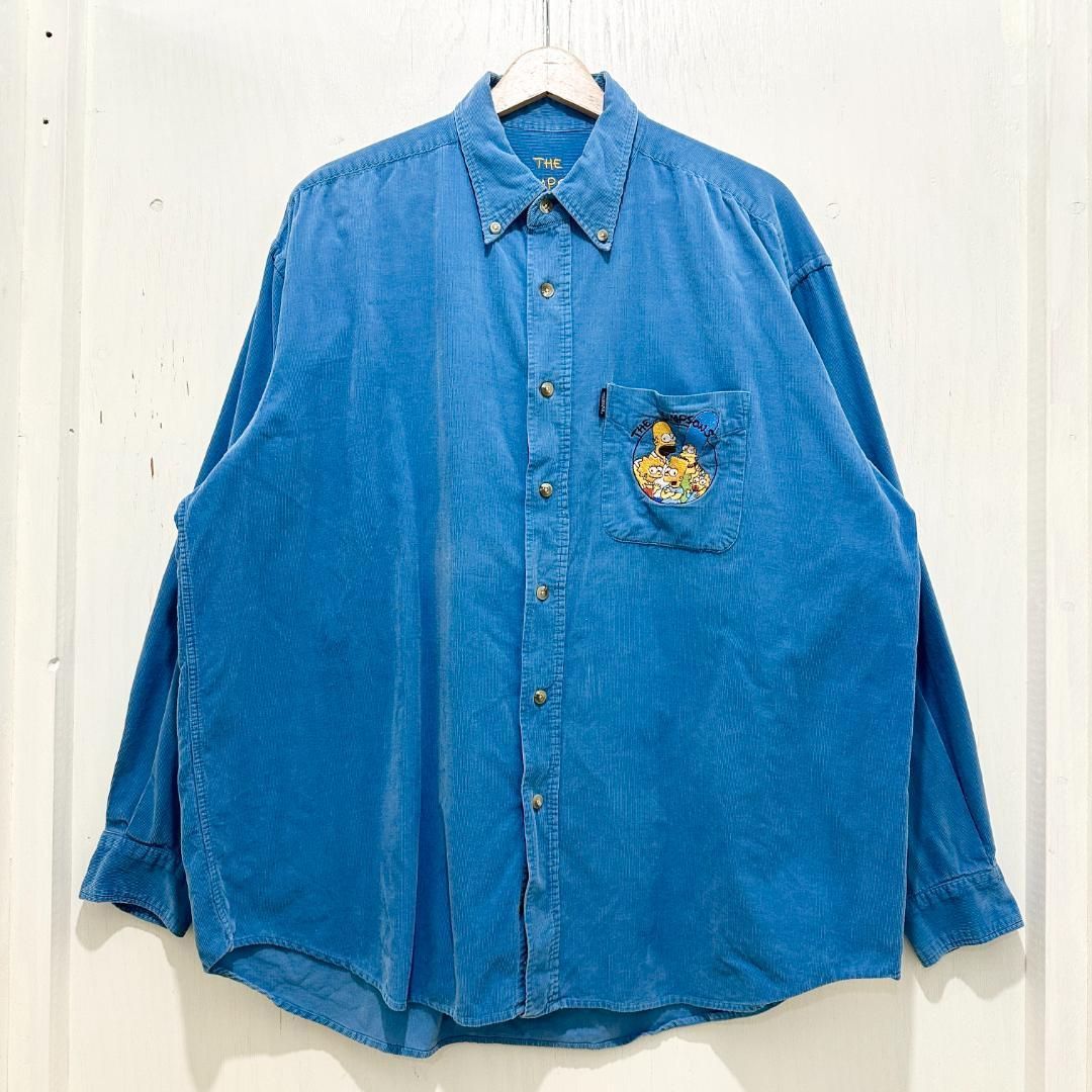 90s The Simpsons シンプソンズ 刺繍入り コーデュロイシャツ コピーライト入り ゆるダボ オーバーサイズ ビッグシルエット コーデュロイシャツ XL ブルー 青 古着 ユーズド
