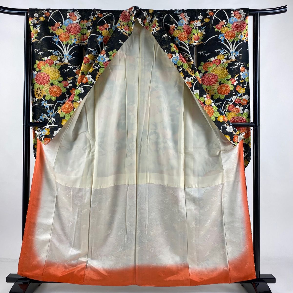 振袖 身丈160cm 裄丈64cm M 袷 花車 梅竹 金通し 黒 正絹 秀品 【中古