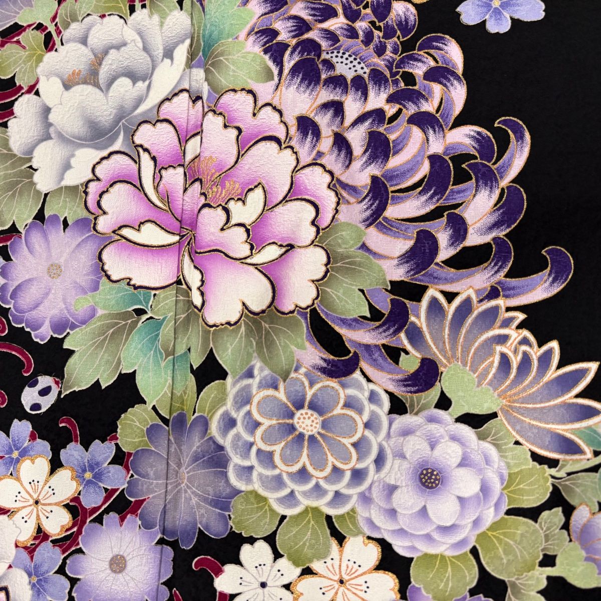 振袖 身丈162cm 裄丈65cm M 袷 牡丹 菊 金彩 黒 正絹 名品