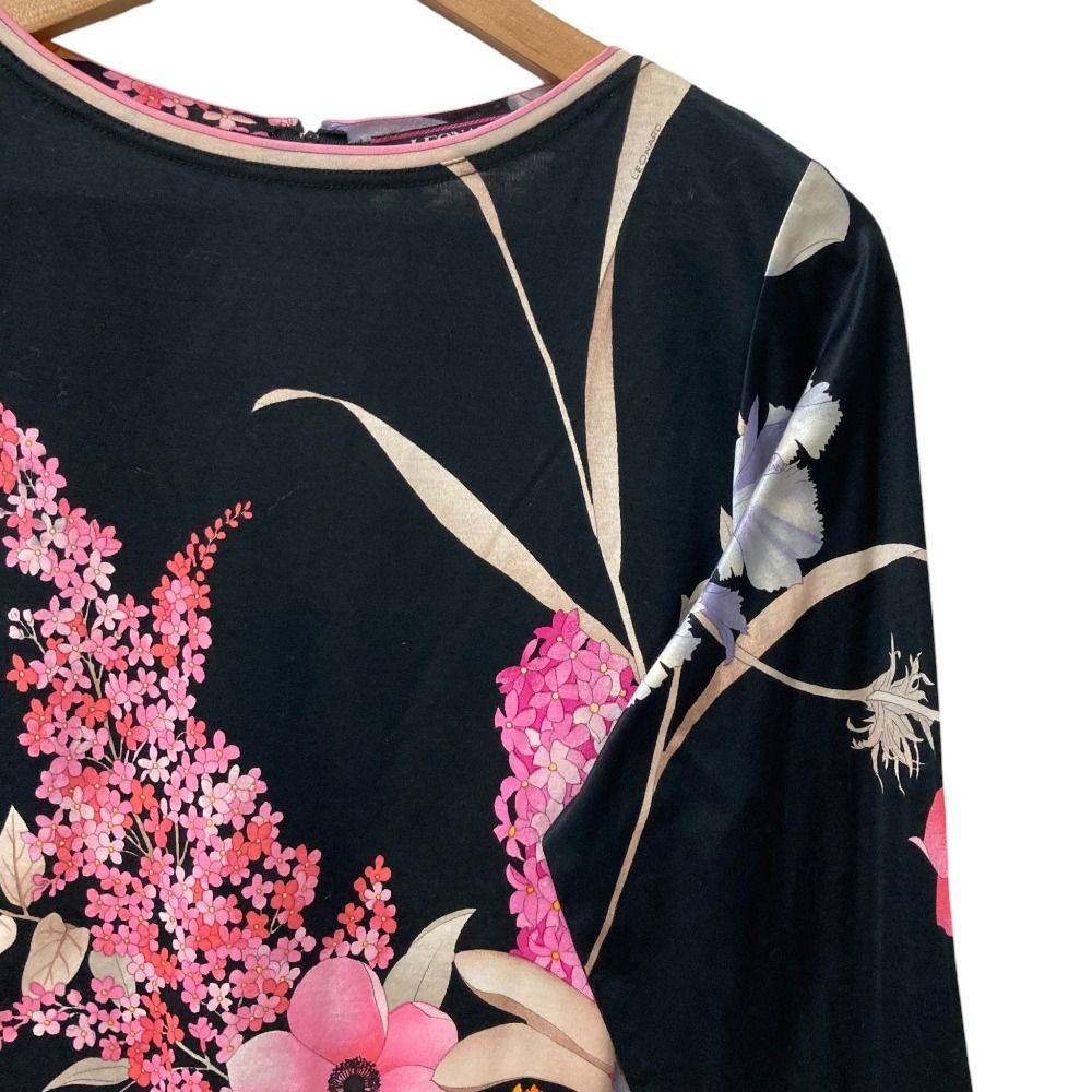 LEONARD レオナール フラワープリント ロングスリーブ ワンピース サイズM ブラック レディース 古着