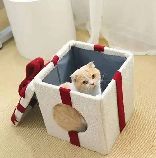 暖かくてクラシックなスタイルの簡単組み立て式 非電動ペットベッドのコージーホワイトクリスマスギフトボックス猫ハウス