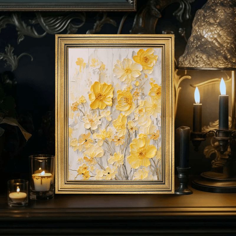 新着商品】1pc 手描き黄色花柄油絵キャンバスヴィンテージ