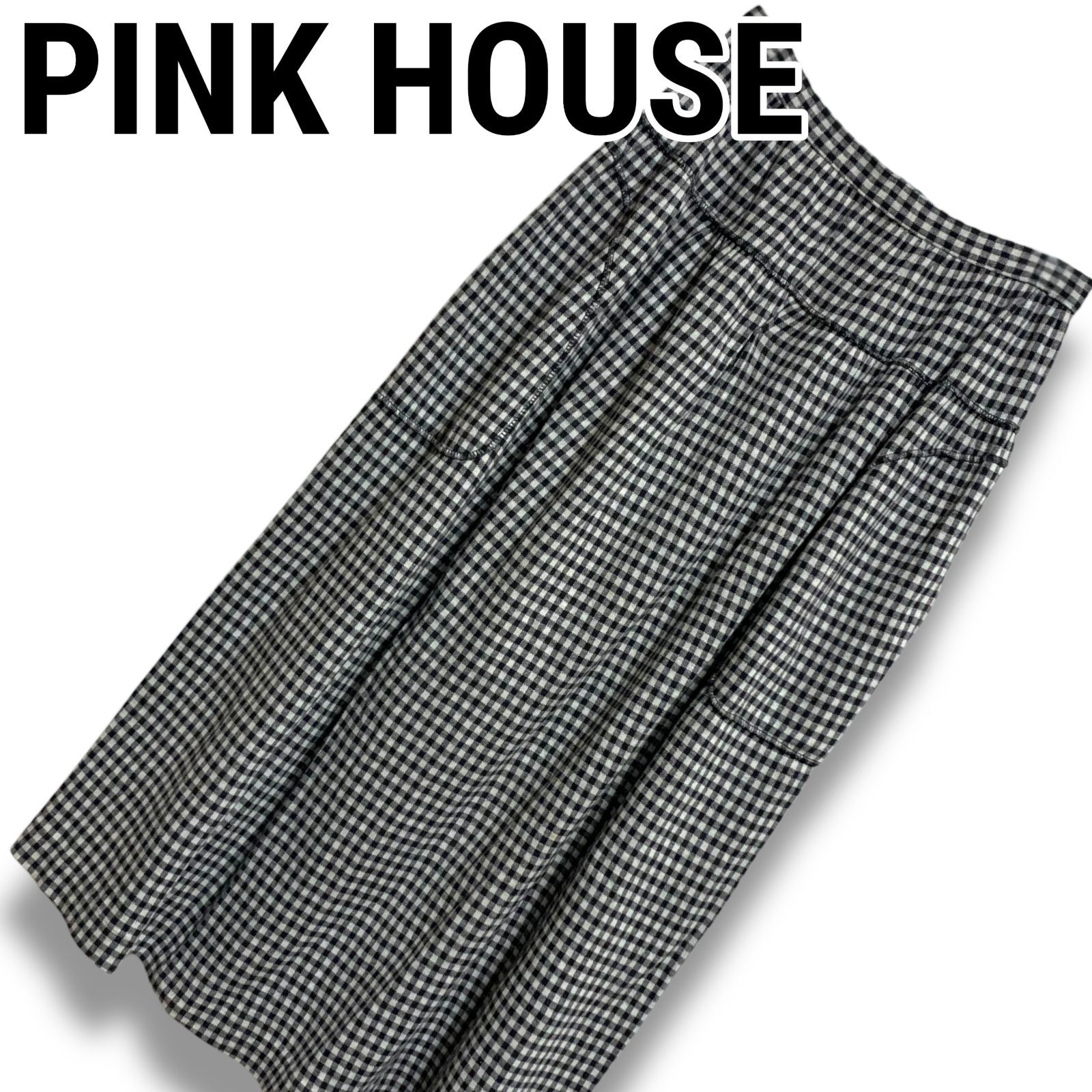 PINK HOUSE ピンクハウス ブラック ホワイト ギンガムチェック柄 ロングスカート フ スカート M Mサイズ相当 上質素材 レディース カジュアル ガーリー 001078H