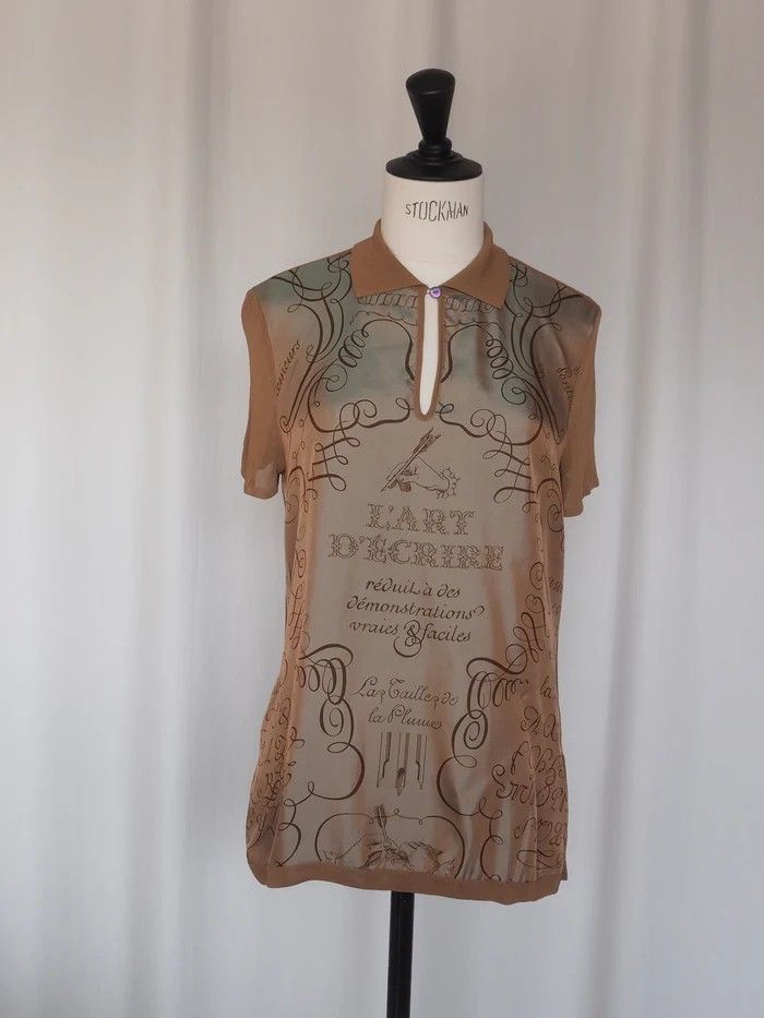 HERMÈS by Martin Margiela Calligraphy Silk Mesh Top エルメス マルジェラ期 カリグラフィー シルク メッシュ トップ ベージュ ヴィンテージ